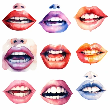 watercolor , illustrations clipart, white background, mouth shapes without face , phonemes
