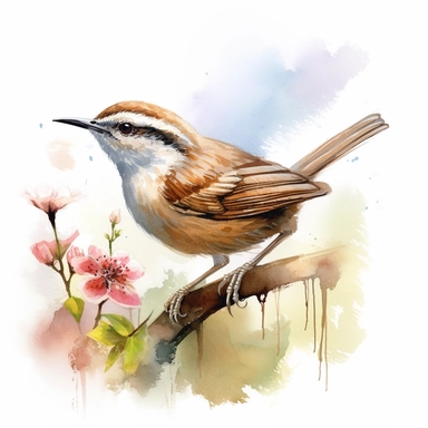 Carolina wren. use a combination of vibrant colors and subtle variations in color to capture the freshness and vitality of the scene. Let the transparent and flowing nature of watercolors add a sense of lightness and movement to the painting, clipart, plain isolated white background, 8k ultra detail high sharpness