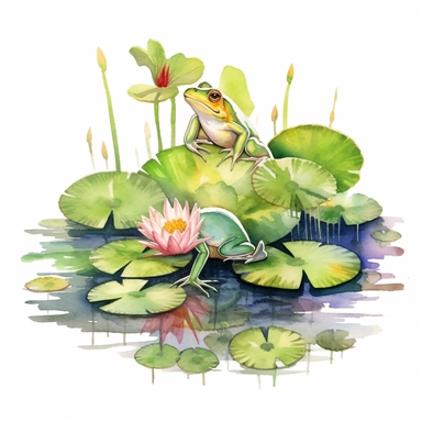 Watercolor Lily Pond Clipart, lily pad and frog pond, CLIPART, fish and birds