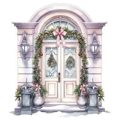 Front Door with Christmas style by Lucy Fleming, watercolor, smooth gradients, black contour outline, ultra detailed, clipart elements, delicate pastel colors, solid white background, super clear, high quality