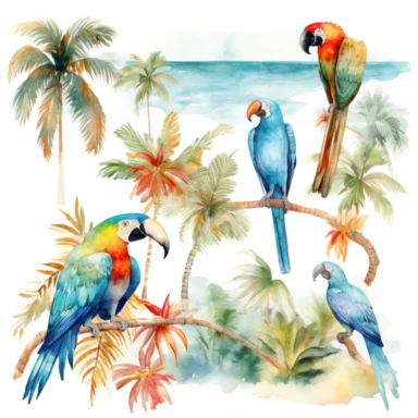 Tropical island beach clipart set isolated on white, watercolor, turquoise, parrots - - no photograph