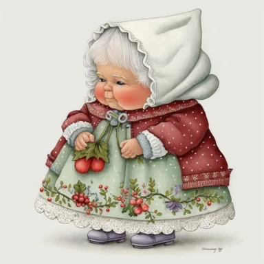 A cute Christmas Mrs Claus, Christmas, clipart, white background, 32k uhd, insanely detailed and sharp, flickr, plush doll art, soft faded colors, fairy tale watercolor art by Susan Wheeler, Thomas Kinkade and Marjolein Bastin