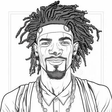 monochrome classic coloring book page of full body head to toe clipart style of smiling, handsome African American man with smooth skin no blemish, he has round detailed eyes, chiseled face with hair, hyper realistic, hyper detailed, hair is short curly dreadlocks, wearing a full African outfit, line art, 8k polished focused photography, there is no background on this image