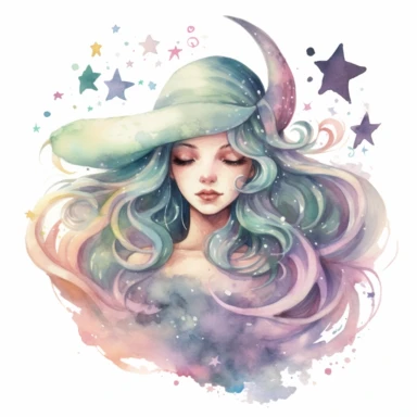 Clipart, watercolor, white background: A pastel witch surrounded by a swirl of pastel-colored stars and a crescent moon, invoking gentle and charming spells with their magical touch.