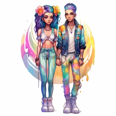 full body clipart of modern queer couple wearing rainbow colored clothes in Jasmine Becket-Griffith style, logo style, soft colors, clean edges, refined edges, stunning, captivating, contour, isolated white background