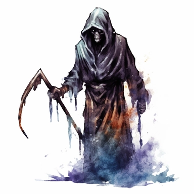 mystical dark scary watecolor halloween horror cartoon grim reaper clipart, hd 4k, detailed, focused, isolated on white background