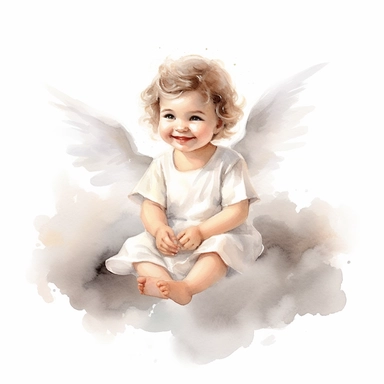 enchanting watercolor image, full body adorable newborn baby angel girl on white background, she is sitting on a cloud in pastel color dress and smiling gently. She has sparkling eyes twinkled with wonder and brown hair, professional watercolor clipart, high resolution