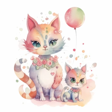 watercolor clipart of an adorable cute cat mom and baby wearing nice clothes, different lateral standing poses, perfect both ears and hands, different colors, a few flowers decor, cute cartoon animal