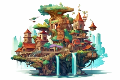 A vector clipart of a mystical floating island in a fantasy village, with cascading waterfalls, floating vegetation, and mythical creatures, in the style of surreal and vibrant vectors, viewed from a breathtaking perspective, hd, spaced out, on a white background