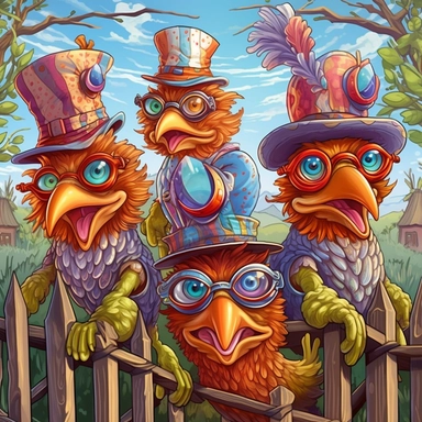 COMIC/CARTOON fantasy magical wacky chickens sitting on a fence, partying hard, large eyeglasses, hats, muted colors, swirls, twists, twirls, metallic, glitter, stylized, funny, centered, airbrushed, digital oil, detailed illustration, clip art, cartoon, 8k, ar 9:8