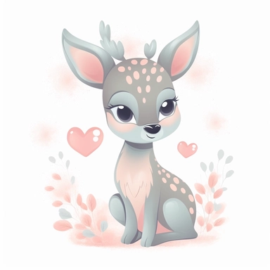 baby deer with hearts clipart, vector cartoon nursery illustration, flat illustration, pastel colors, white background, very low detail, ar 2:3