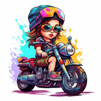 clipart of cute and cool baby girl on a harley davidson multicolor white background