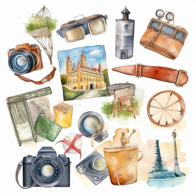 Watercolor Travel clipart, Summer Holiday, Vacation clipart, Tourism clipart, Planner clipart, Adventure clipart, PNG, Airplane Camera Globe