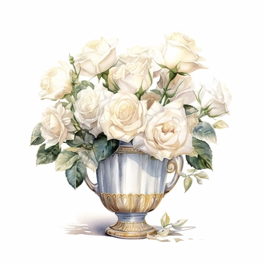 watercolor, white background, clipart, watercolor, white background, ultra-realistic and hyper-detailed clipart beautiful vase full of white roses, white and rich gold hues