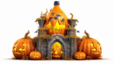 isolated images, illustrations on a white background, full body heavy armored very big castle walls exterior, halloween theme, pumpkins, spiders, witches, serene, dark fantasy ,Clipart, cartoon, realistic, isolated, full building, highly detailed, hdr, 32K, photo expert quality,game asset , hyperrealistic and highly detailed, isolated on a white background