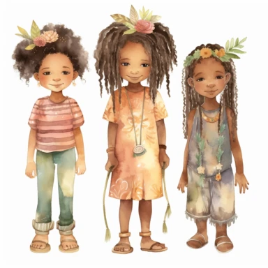 pretty African American children's nursery style water color clipart, cute kid, wearing boho style clothing realistic digital art, white background, s1000