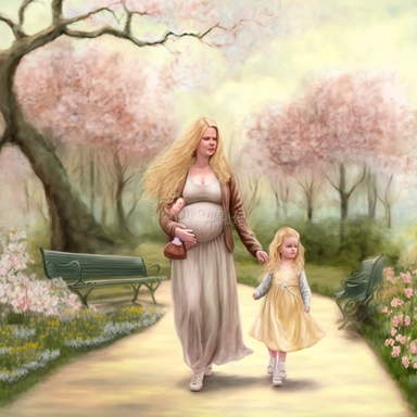 beautiful young pregnant mother with long blonde hair, toddler daughter with long hair, both facing forward, holding hands walking in park, flowering trees, path lined with benches, highly detailed, detailed face, realistic, fantasy, ethereal, soft colors, sharp focus, clipart style, fix dress