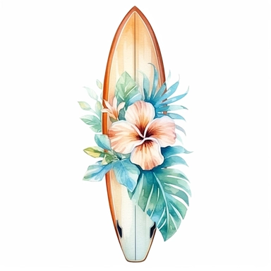 Pastel Cute Beautiful surf board tropical flower Watercolor Sublimation Clipart,Cartoon, hyper realistic, intricate detail, illustration style,high solution,on the white background