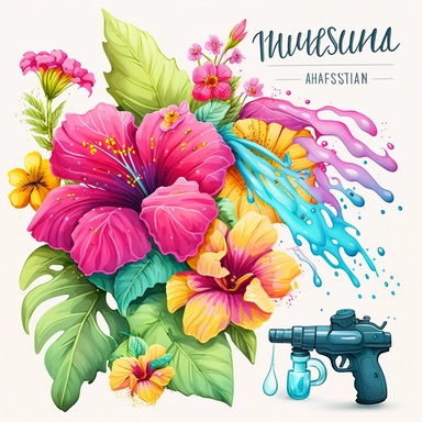 summer Illustrations, water festival , hibiscus flower, Floral Bouquet, colorful squirt gun, Planner Graphics, Cheerful Colors, Hand-Drawn Art, Botanical Clipart, Watercolor Elements, single design, 8k