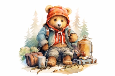 Adorable bear on adventure, camping gear, vivid colors, ornamental watercolour clipart, I can't believe how beautiful this is