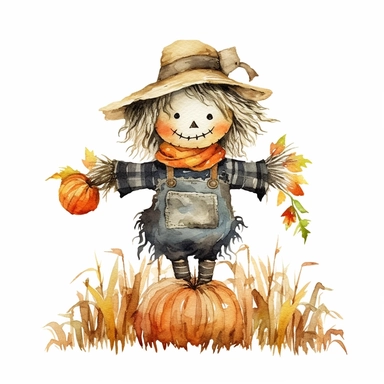 Halloween scarecrow in a field, full color, knitted painting texture, Perfect for nursery art and children's book illustration style, simple, cute, full color, clipart, watercolor illustration, single object, high definition 8k,white background for removing background - - no text shadow font watermark