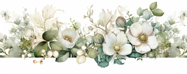 a watercolor of white flowers and eucalyptus green clipart, in the style of light white and beige, adonna khare, classic elegance, panoramic scale, elaborate borders, wiesław wałkuski, richly layered
