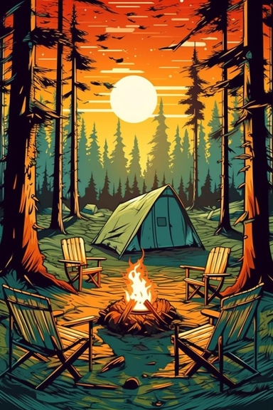 camping scene with campfire, chairs, and tent in the woods during the summer months. vector clip art illustration, detailed, rustic