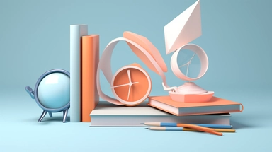 book, paper plane, paper clip, magnifying glass, magnifying glass, clock, 3d rendering, education concept, 3d, in the style of light azure and orange, sculptural ceramics, atey ghailan, website, piles/stacks, subtle color palette, mid-century