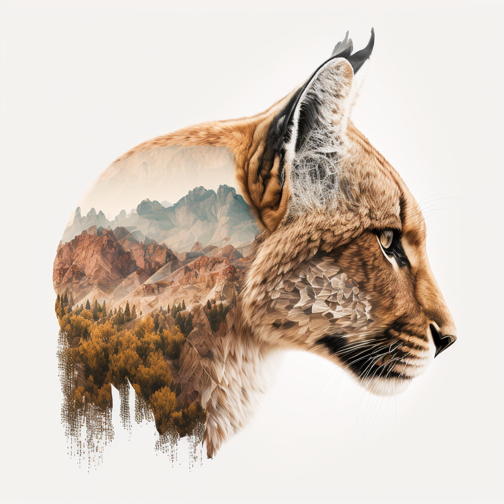 double exposure shot, profile of a Cougar head filled with mountains ...