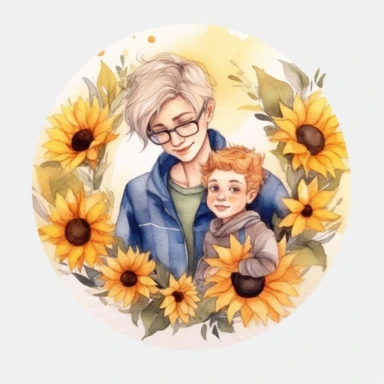 cute watercolor clipart with pale skinned older mom and adult son hugging echother in circle, beautiful, hight quality, pastel colors, white background, decorated with yellow sunflowers
