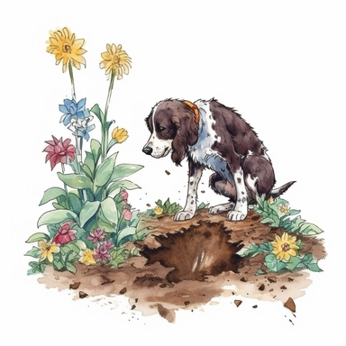 a dog digging a hole in a flower patch, broken flowers, clipart by Sarah Anderson, pure white background