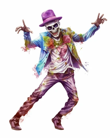 watercolor clipart of a mardi gras zombie , isolated on white background, hyper realistic