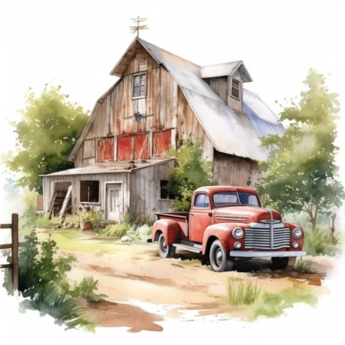 farm barn, a building made of typical American white wood, lots of plants, old American pick-up truck in the driveway, american pick-up trees behind the building, watercolor, clipart, realistic,