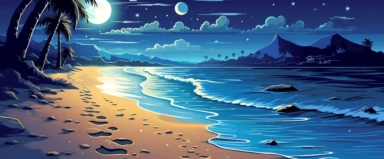 Cartoon style clipart , footprints in the sand, scenic moonlight scene