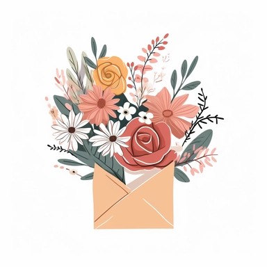create a clipart cartoon featuring an open envelope with an aesthetic flower bouquet, minimalist, white background