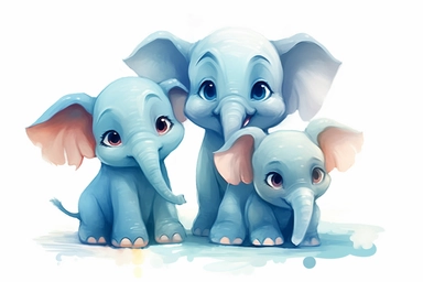cute baby elephant playing with its siblings Clipart, On White Background, Spaced out, Vector Graphic,
