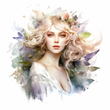 Majestic Fairy with a statuesque figure, highly detailed face, and a serene expression, Use dreamlike lighting with soft sunlight falling on the subject’s face and hair, to create an ultra-realistic image that captures the subject’s natural beauty and personality, watercolor clipart on white background