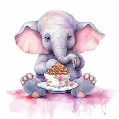 cute elephant sitting down eating a cup cake, clipart, water colour hd
