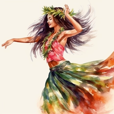 hawaian girl dancing hula, detailed, watercolor, realistic, pastel colors, clipart s 300