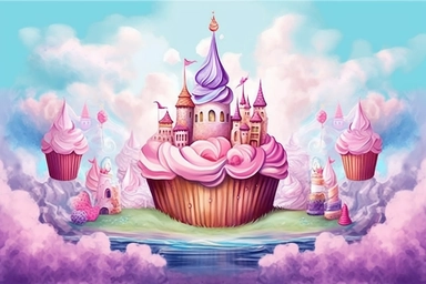 Create an enchanting illustration of a cupcake with a delightful twist, The cupcake's frosting unfolds into a mesmerizing fantasy world, complete with towering castles, floating islands, and mythical creatures. The scene is bathed in a soft, dreamy color palette, exuding a sense of magic and wonder, The artwork should be in the style of watercolor clipart, high-definition, with a spacious composition and a 3:2 aspect ratio, Present the final illustration on a white background, ensuring a resolut