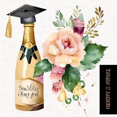 Champagne Bottle Gold Graduation Cap Watercolor College High School Graduation Clipart Flowers Graduate Gift Commercial Use Illustration PNG