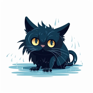 shaggy cartoon style wet black cat with a wide eyed, desperate look, begging to be let insisedsilhouette vector flat simple identification symbol white backround white background minimalistic clipart png svg