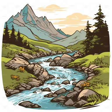 river flowing down mountain clipart
