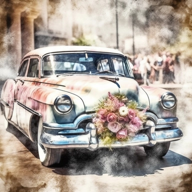Romantic photo-realistic watercolor car, retro style, vintage, white color, Cuban style, wedding flowers, illustration, vintage, translucent, multi-layered, bright colors, fashion photography, watercolor clipart - - no watermarks, no text