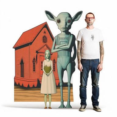 Boho style illustration, clipart, sublimation drawing Alien standing next to American Gothic characters by American artist Grant Wood Vibrant colorful colors on white empty background, 8k high quality, high quality detail