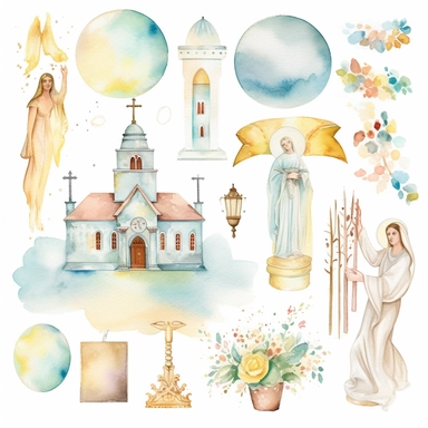 Watercolor clip art with Catholic religious undertones. Inspirational. Soft colors. Image only. No text. White background.