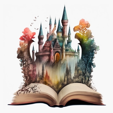 an opened book clipart with its pages that transform into a grand, enchanted castle with soaring towers and magical inhabitants, fantasy, in the style of technicolor dreamscape,mystical, magical, bella kotak style, vintage watercolor, 8k, full hd, Open Book Clip Art, ultra detail, white background