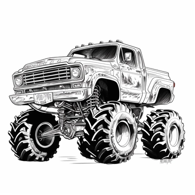 black and white monster truck clipart, 2d vector , sharp resolution, white background