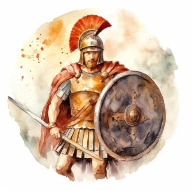 n exquisite watercolor clipart of a Roman army warrior. The soldier stands in his full battle armor - a carefully crafted bronze helmet with prominent cheek guards, a muscular cuirass for body protection, and a scarlet tunic underneath. He carries a large, circular shield, and a short, stabbing sword, known as a gladius. This art piece exudes strength and bravery, set against a stark white background, ensuring its suitability for a variety of merchandise.
