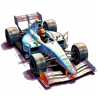 Clipart of the formula one car from Zhou Guanyu with minimal details, aquarel colored cartoon style with thick borders. Only the car. White background, no floor, no shadow